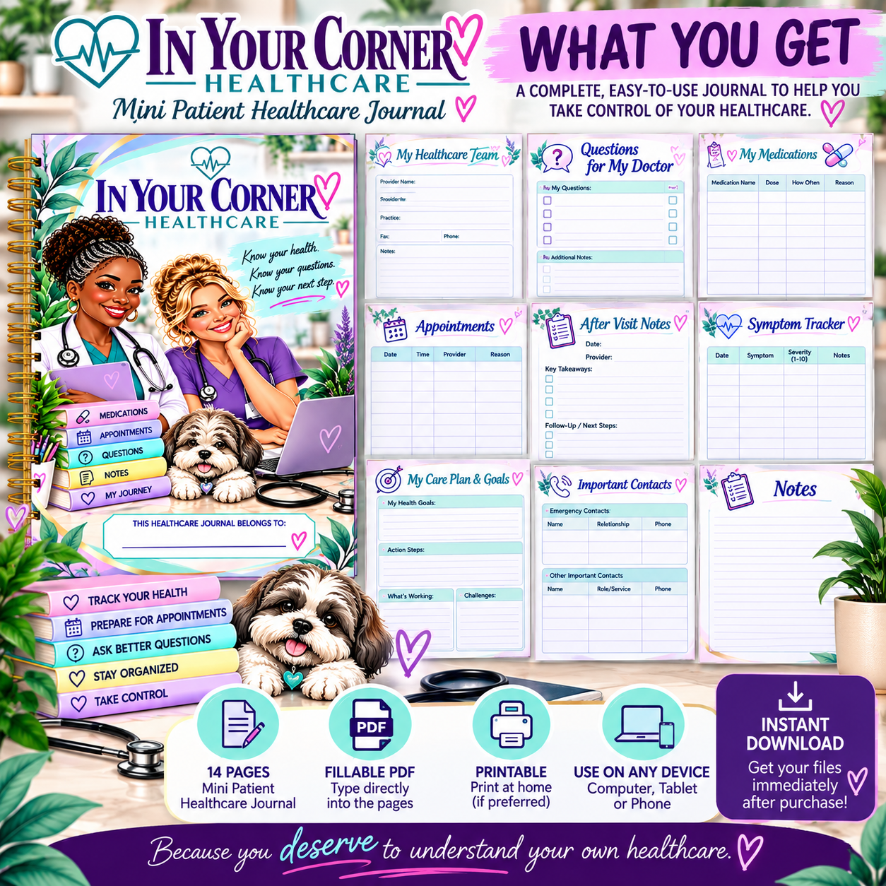 Inside the Mini Patient Healthcare Journal—pages for your healthcare team, medications, appointments, symptom tracking, care plan, contacts, and notes